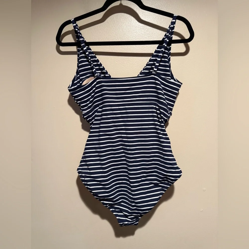 Garnet Hill Navy & White Striped V‑Neck One‑Piece Swimsuit
